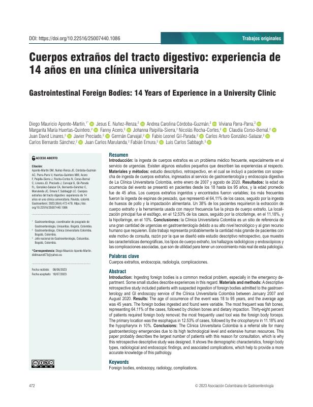 Cuerpos extraños del tracto digestivo: experiencia de 14 años en una clínica universitaria