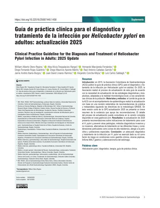 Guía de práctica clínica para el diagnóstico y tratamiento de la infección por Helicobacter pylori en adultos: actualización 2025