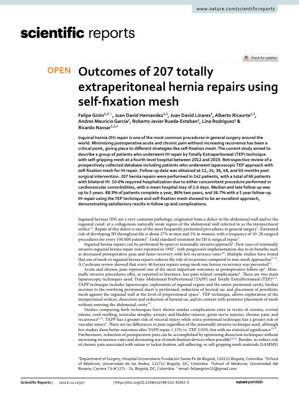 Outcomes of 207 totally extraperitoneal hernia repairs using self-fixation mesh