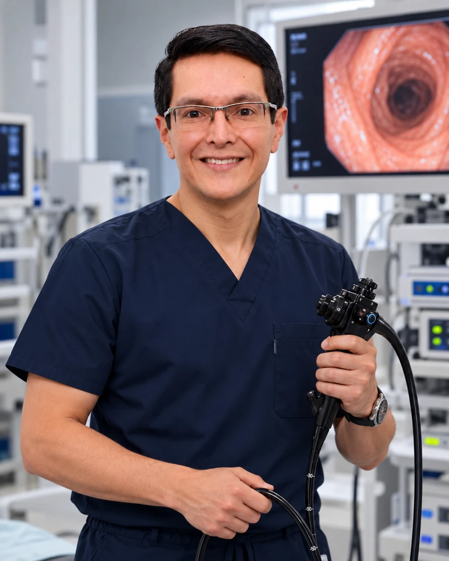 Dr. Juan David Linares en sala de endoscopia
